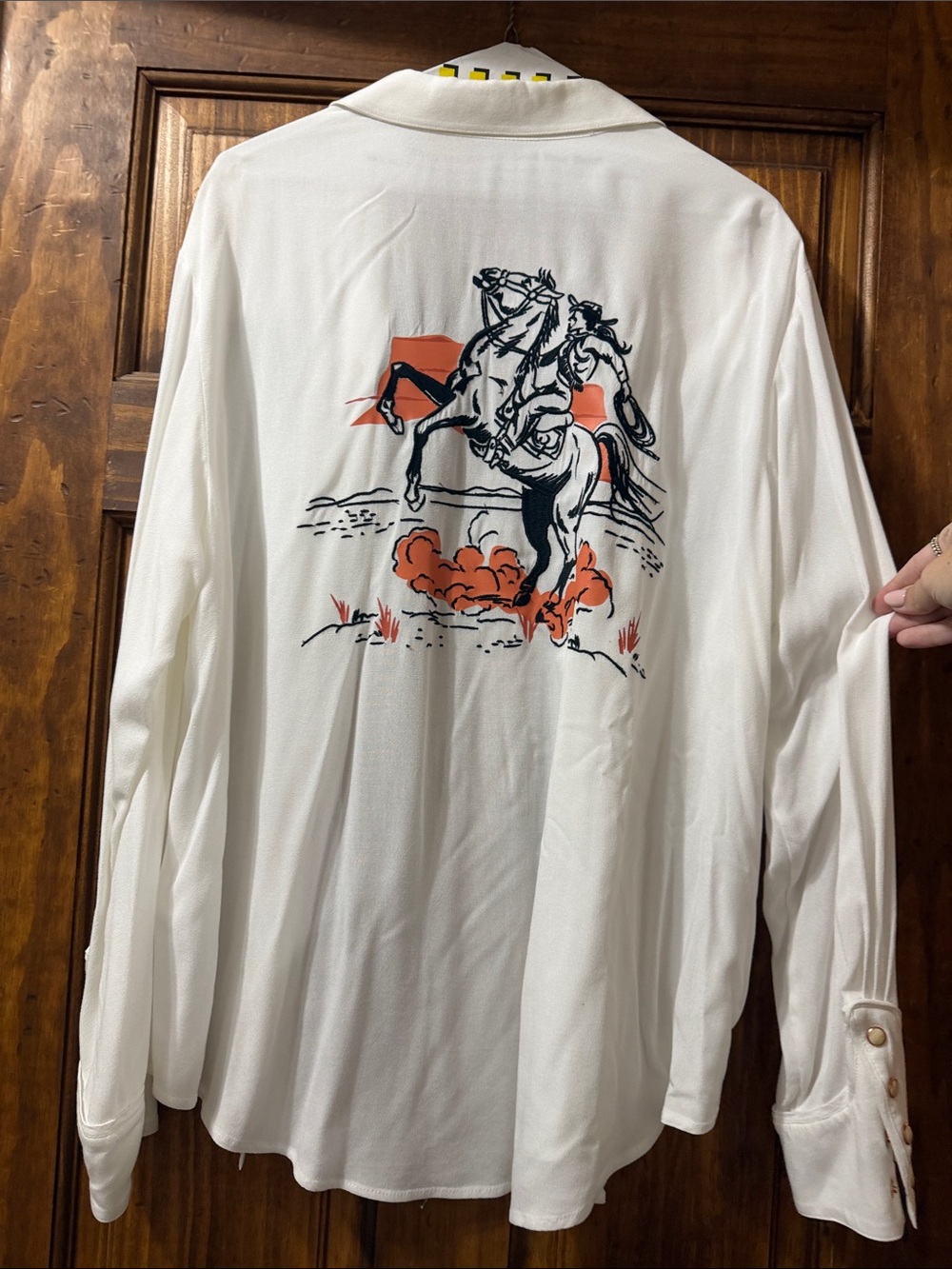 Ariat White Button-Down Shirt with Orange and Black Western Rider Graphic
